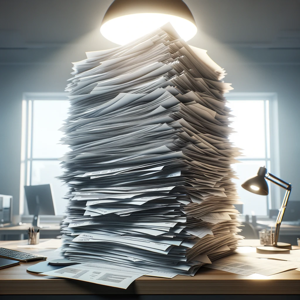 DALL·E 2024 02 16 14.56.53 A photo realistic image of a huge stack of invoices piled up on a desk showcasing the overwhelming amount of paperwork. The desk is in an office envi